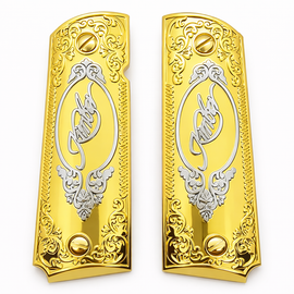 Kimber 1911 Full Size Metal Grip Panels – Gold Nickel Finish Ambidextrous Safety Cut • Includes Screws