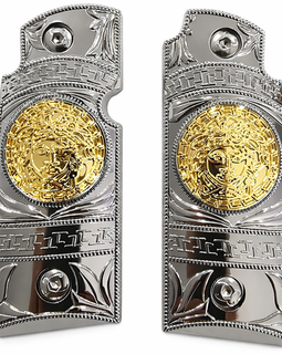 Kimber Micro Carry 380 ACP Metal Grips – Chrome & Gold (Ambi Cut, Includes Screws)