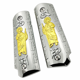 1911 Full Size Government Grips – Nickel Gold St. Jude Metal – Bobtail Round Butt – Ambidextrous Cut – Includes Screws