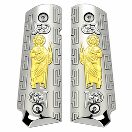 1911 Full Size Government Grips – Nickel Gold St. Jude Metal – Bobtail Round Butt – Ambidextrous Cut – Includes Screws