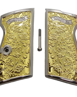 Grips for Walther PPK/PPK-S – Scroll Engraved Panels with Nickel Gold Polished Finish and Matching Screw