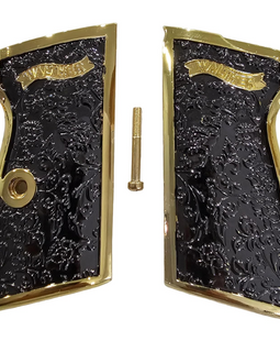 Grips for Walther PPK/PPK-S – Scroll Engraved Panels with Black Gold Polished Finish and Matching Screw