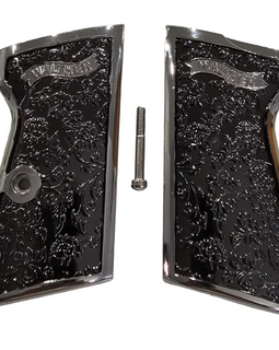 Grips for Walther PPK/PPK-S – Scroll Engraved Panels with Black Nickel Polished Finish and Matching Screw
