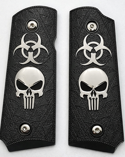 1911 Compact / Officer Size Grip Panels Black Textured Metal – Skull & Biohazard Design – Ambi Cut – Includes Matching Screws