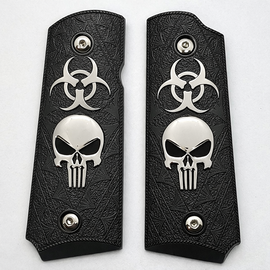 1911 Compact / Officer Size Grip Panels Black Textured Metal – Skull & Biohazard Design – Ambi Cut – Includes Matching Screws