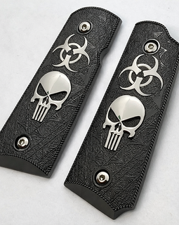 1911 Compact / Officer Size Grip Panels Black Textured Metal – Skull & Biohazard Design – Ambi Cut – Includes Matching Screws