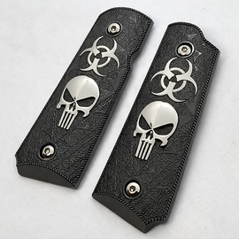 1911 Compact / Officer Size Grip Panels Black Textured Metal – Skull & Biohazard Design – Ambi Cut – Includes Matching Screws