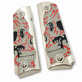 1911 Full Size Metal Grips – Engraved Skull w/ Red Enamel – High Polish Chrome – Ambi Cut