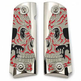 1911 Full Size Metal Grips – Engraved Skull w/ Red Enamel – High Polish Chrome – Ambi Cut