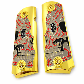1911 Full Size Metal Grips – Engraved Skull w/ Red Enamel – High Polish Gold Base – Ambi Cut
