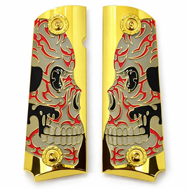 1911 Full Size Metal Grips – Engraved Skull w/ Red Enamel – High Polish Gold Base – Ambi Cut