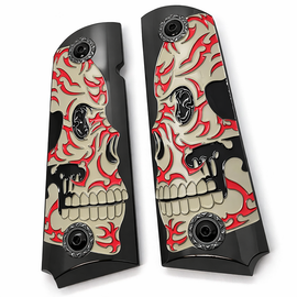 1911 Full Size Metal Grips – Engraved Skull w/ Red Enamel – Ambi Cut – High Polish Black Base