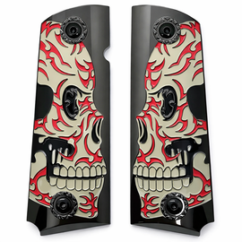 1911 Full Size Metal Grips – Engraved Skull w/ Red Enamel – Ambi Cut – High Polish Black Base