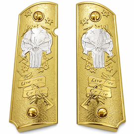 1911 Full Size Gold Skull “Live Free Or Die” Grip Panels Ambi Cut – Solid Metal – Includes Matching Screws