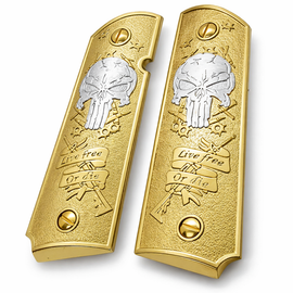 1911 Full Size Gold Skull “Live Free Or Die” Grip Panels Ambi Cut – Solid Metal – Includes Matching Screws