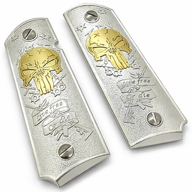 1911 Full Size Nickel Gold Skull “Live Free Or Die” Grip Panels Ambi Cut – Solid Metal – Includes Matching Screws (Copy)