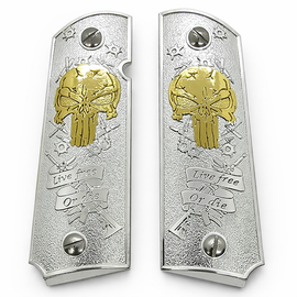 1911 Full Size Nickel Gold Skull “Live Free Or Die” Grip Panels Ambi Cut – Solid Metal – Includes Matching Screws (Copy)