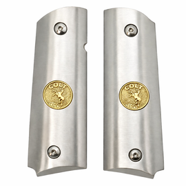 Solid Stainless Steel 1911 Grips with Colt Gold Medallions – Ambidextrous Cut (Includes Screws)