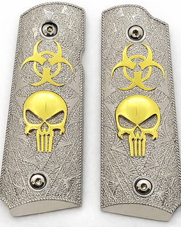 1911 Compact / Officer Grip Panels Silver Textured Metal with Gold Skull & Biohazard – Ambi Cut – Includes Screws