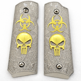 1911 Compact / Officer Grip Panels Silver Textured Metal with Gold Skull & Biohazard – Ambi Cut – Includes Screws