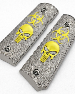 1911 Compact / Officer Grip Panels Silver Textured Metal with Gold Skull & Biohazard – Ambi Cut – Includes Screws
