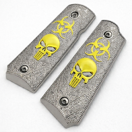 1911 Compact / Officer Grip Panels Silver Textured Metal with Gold Skull & Biohazard – Ambi Cut – Includes Screws