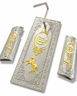 1911 Full Size Colt Nickel & Gold Luxury Grip Panels – Ambi Cut – Includes Screws & Matching Gun Stand