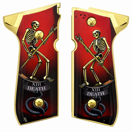 XIII Death Tarot Skeleton Beretta 92 Series Grip Panels – Red Gradient Enamel Art with Polished Gold Border