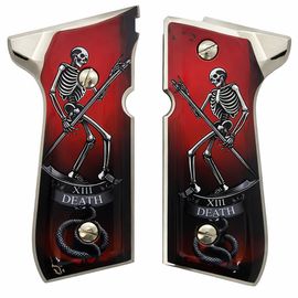 XIII Death Tarot Skeleton Beretta 92 Series Grip Panels – Red Gradient Enamel Art with Polished Chrome Border