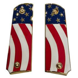 1911 Full Size Metal Grips – American Flag Design (Gold Trim, Ambi Cut, Includes 4 Screws)