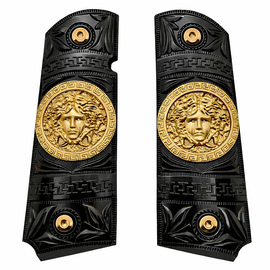 1911 Full Size Metal Grips – Black & Gold Medusa Design (Ambi Cut, Includes 4 Screws)