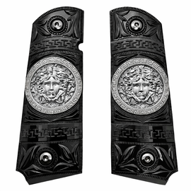 1911 Full Size Metal Grips – Black & Silver Medusa Design (Ambi Cut, Includes 4 Screws)