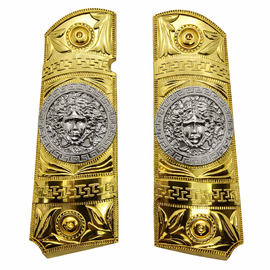 1911 Full Size Metal Grips – Gold & Silver Medusa Design (Ambi Cut, Includes 4 Screws)