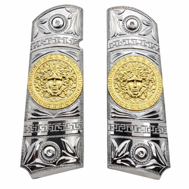 1911 Full Size Metal Grips – Chrome & Gold Medusa Design (Ambi Cut, Includes 4 Screws)